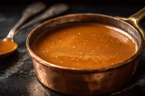 Une louche en cuivre remplie d'une sauce américaine onctueuse, prête à être dégustée.