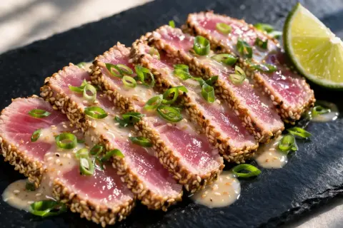 Tranches de thon snacké enrobées de sésame, arrosées d'une sauce crémeuse et garnies de ciboule. Une tranche de citron vert complète ce plat savoureux.