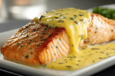 Filet de saumon doré nappé d'une onctueuse sauce au beurre citron, parsemé d'herbes fraîches. Un délice visuel et gustatif.