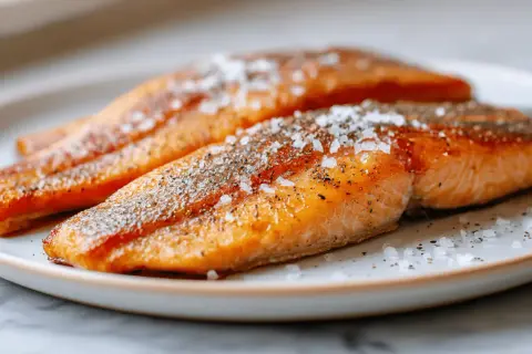 Trois pavés de truite dorés à la poêle, assaisonnés de gros sel et de poivre. Parfait pour un repas rapide, le temps de cuisson truite à la poêle est idéal.