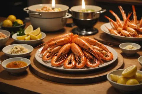 Plateau de langoustines prêtes pour la cuisson, accompagnées de citrons, d'ail et de sauces.