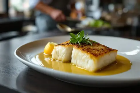 Un délicieux filet de bar poêlé, servi avec un quartier de citron et une sauce dorée, garni d'une touche de verdure.