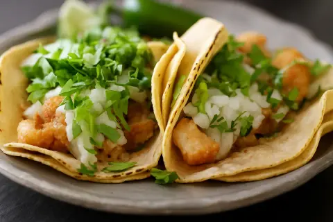 Deux tacos au poisson avec garniture fraîche sur une assiette grise.