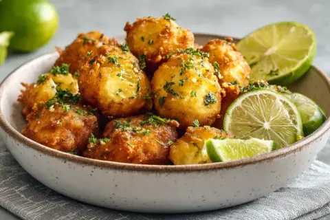 Accras de poisson dorés et croustillants, parsemés de persil frais, servis avec des quartiers de citron vert dans un bol en céramique.