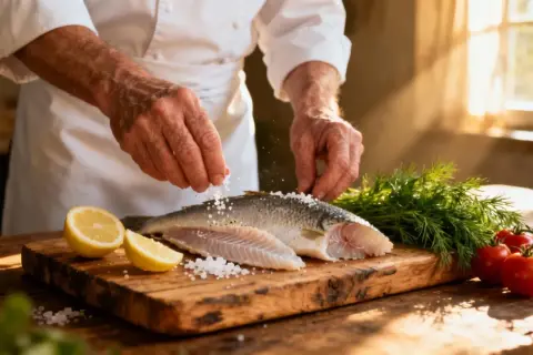 Un chef assaisonne un aiglefin entier et uneも fillet avec du gros sel, prêt pour la cuisson. Citrons, tomates cerises et aneth complètent la scène.
