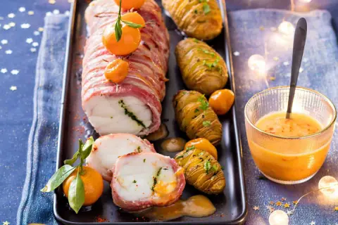 Lotte enroulée de lard, servie avec des pommes de terre Hasselback et une sauce pour lotte au lard onctueuse.