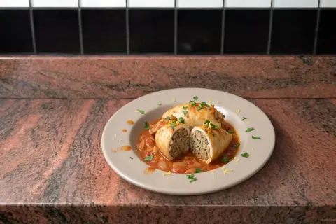 Deux calamars farcis, coupés en deux, baignant dans une sauce tomate savoureuse, garnissent une assiette.