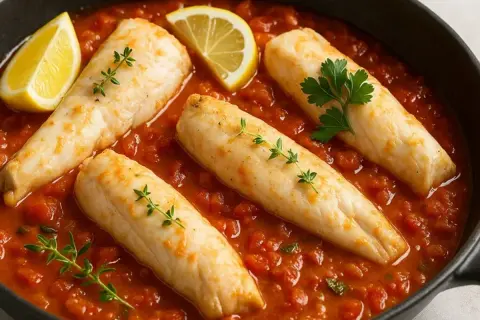 Quatre filets de roussette requin mijotent dans une sauce tomate savoureuse, garnie de quartiers de citron et d'herbes fraîches.
