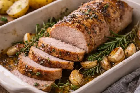 Filet de maigre rôti au four, tranché, avec ail et herbes. Le temps de cuisson est parfait pour cette viande tendre et juteuse.