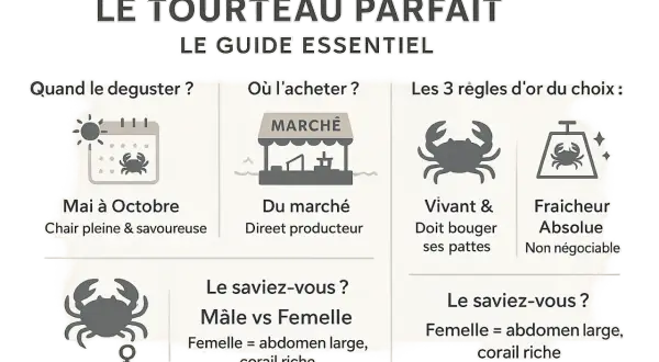 Guide pour la cuisson du tourteau : quand le déguster (mai-octobre), où l'acheter (marché), et comment le choisir (vivant, frais).