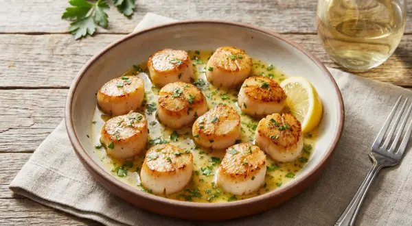 Assiette de noix de petoncle dorées, nappées d'une sauce au beurre et persil, garnie de quartiers de citron. Un verre de vin blanc et une fourchette complètent la scène.