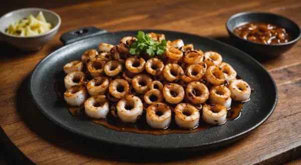 Délicieux chipirons à la plancha, grillés à la perfection et nappés d'une sauce savoureuse. Une assiette qui invite à la dégustation.