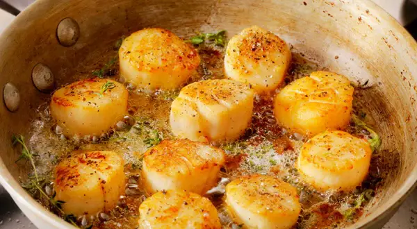 Poêlée de Saint-Jacques dorées, parsemées de poivre, dans du beurre mousseux avec du thym. Une recette coquille Saint-Jacques simple et savoureuse.