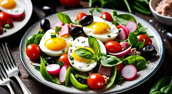 Une salade niçoise appétissante avec des œufs durs, des tomates cerises, des radis, des olives noires et du thon.