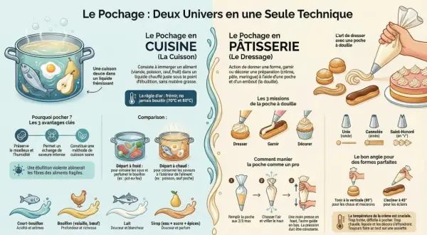 Poisson poché dans un court-bouillon frémissant, une cuisson douce pour préserver saveurs et moelleux.