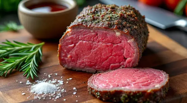 Un rôti de bœuf juteux, assaisonné d'herbes, prêt pour une recette merlan. Accompagné de romarin, sel et sauce.