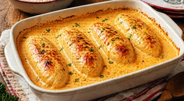 Quatre quenelles dorées baignant dans une onctueuse sauce Nantua, parsemées de persil frais. Un délice réconfortant.