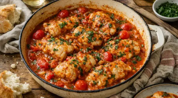 Poêlée de queue de lotte aux tomates cerises et persil, servie dans une cocotte en fonte avec du pain croustillant.
