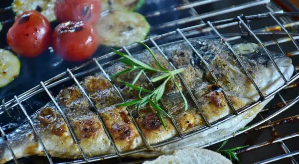 Dorade grillée avec tomates et courgettes, un délice pour le temps de cuisson barbecue.