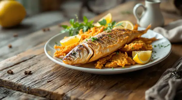 Une assiette de **eperlan frit** croustillant, garnie de quartiers de citron et de persil frais, sur une table en bois rustique.