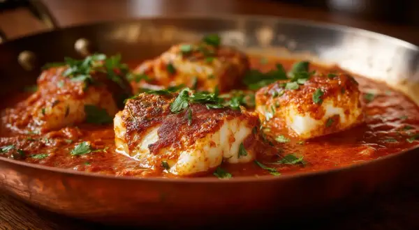 Poisson blanc en sauce armoricaine, garni de persil frais, servi dans une poêle en cuivre.