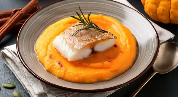 Délicieuse recette lieu jaune sur purée de courge, garnie de romarin. Ambiance automnale avec citrouilles et cannelle.
