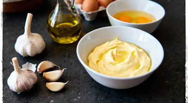 Préparation de la recette aïoli grand-mère : ail, œufs, huile d'olive et une belle mayonnaise crémeuse.
