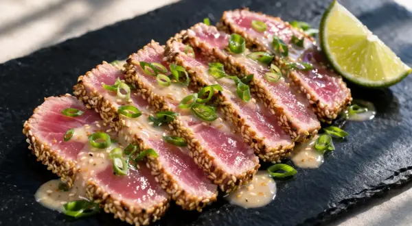 Tranches de thon snacké enrobées de sésame, arrosées d'une sauce crémeuse et garnies de ciboule. Une tranche de citron vert complète ce plat savoureux.
