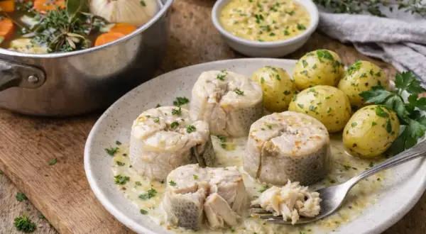Saumonette en tronçons, cuite dans un court-bouillon avec carottes et oignon. Servi avec pommes de terre et sauce hollandaise.