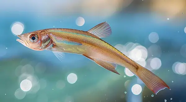 Un poisson ailé aux reflets irisés nage dans une eau bleutée, entouré de bulles lumineuses.