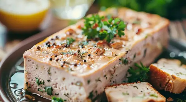 Délicieuse terrine de merlan, parsemée d'herbes fraîches et de grains de poivre, servie avec des tranches de pain grillé.