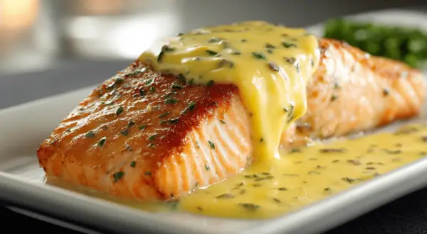 Filet de saumon doré nappé d'une onctueuse sauce au beurre citron, parsemé d'herbes fraîches. Un délice visuel et gustatif.