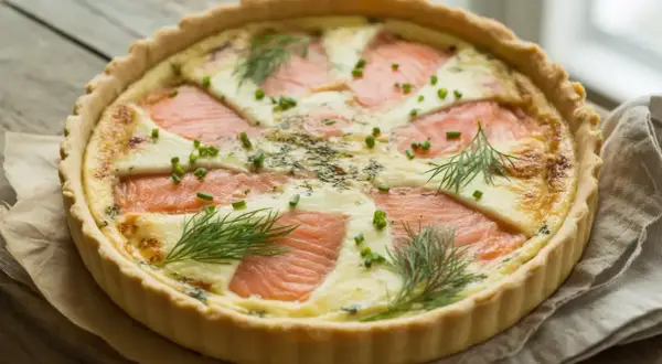 Quiche au saumon garnie d'aneth et de ciboulette, sur fond de bois.