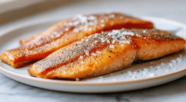 Trois pavés de truite dorés à la poêle, assaisonnés de gros sel et de poivre. Parfait pour un repas rapide, le temps de cuisson truite à la poêle est idéal.