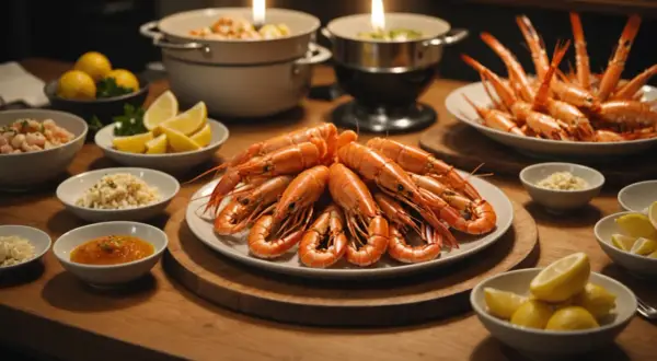 Plateau de langoustines prêtes pour la cuisson, accompagnées de citrons, d'ail et de sauces.