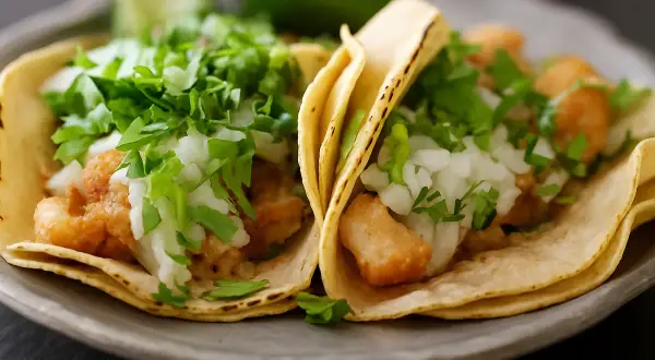 Deux tacos au poisson avec garniture fraîche sur une assiette grise.