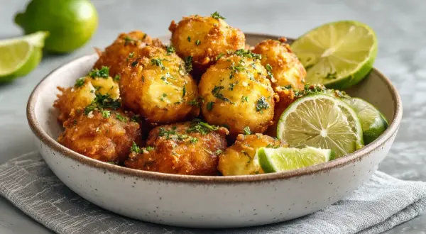 Accras de poisson dorés et croustillants, parsemés de persil frais, servis avec des quartiers de citron vert dans un bol en céramique.