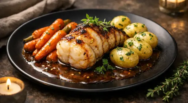 Délicieux médaillons de lotte à la poêle, accompagnés de carottes glacées et de pommes de terre nouvelles, nappés d'une sauce savoureuse.