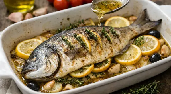 Dorade grise entière au four, garnie de rondelles de citron, d'olives noires et d'ail, arrosée d'une sauce savoureuse.