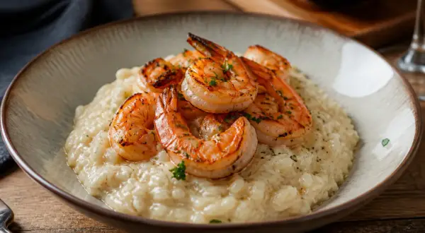 Un crémeux risotto gambas, garni de crevettes grillées et persil frais, servi dans un bol rustique.