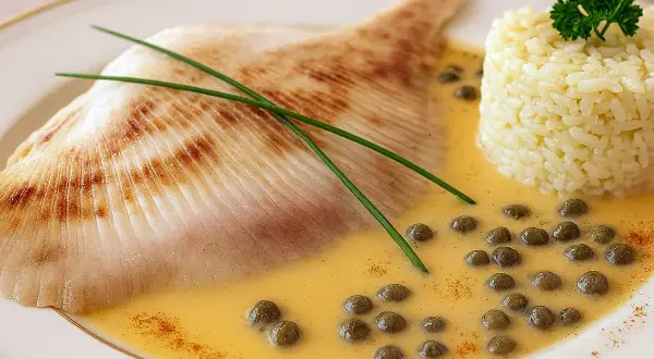Délicieuse recette raie à la poêle, servie avec du riz et une sauce crémeuse aux câpres.