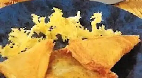 Délicieuse recette brick thon pomme de terre, croustillante et dorée, servie sur une assiette bleue avec une garniture jaune.