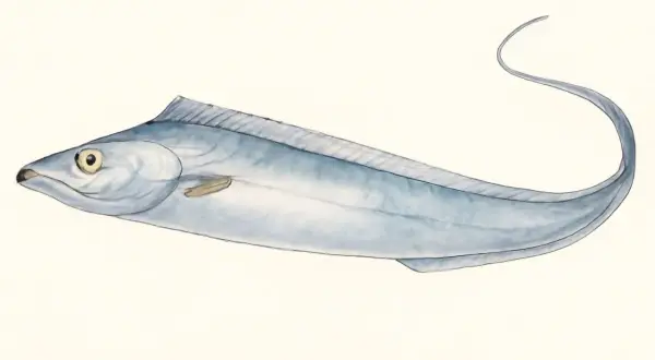 Un poisson sabre bleu, aux reflets argentés, glisse gracieusement sur un fond clair. Sa longue silhouette élancée évoque la rapidité et l'élégance.