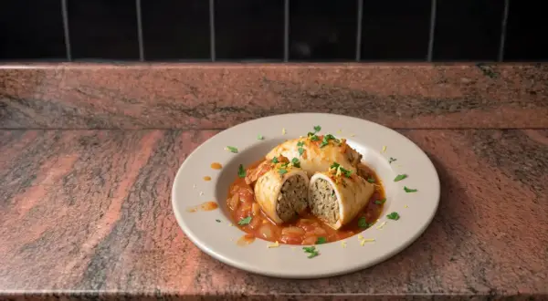 Deux calamars farcis, coupés en deux, baignant dans une sauce tomate savoureuse, garnissent une assiette.