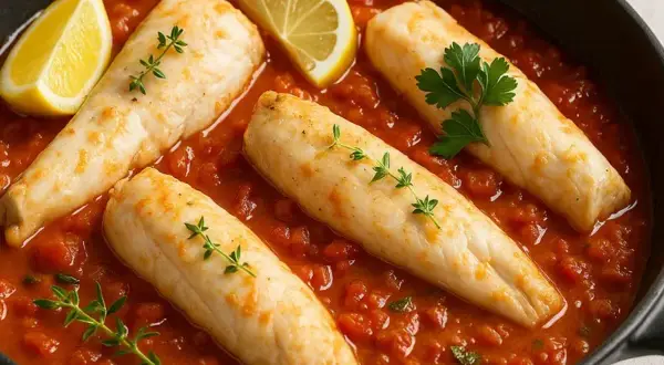 Quatre filets de roussette requin mijotent dans une sauce tomate savoureuse, garnie de quartiers de citron et d'herbes fraîches.