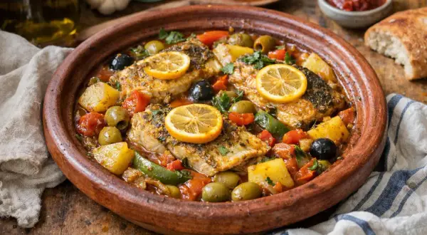 Un savoureux tajine de poisson aux olives, tomates, pommes de terre et rondelles de citron, garni de persil frais.