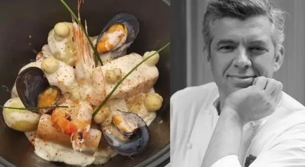Un plat de choucroute de la mer, avec moules, crevettes et poisson, servi dans un bol noir. À côté, un portrait en noir et blanc d'un chef.