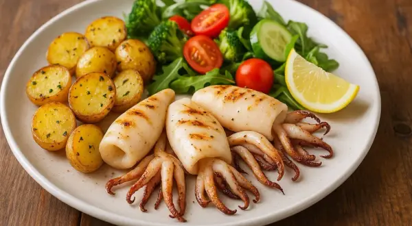 Calamars grillés avec un accompagnement de légumes frais et de pommes de terre rôties.