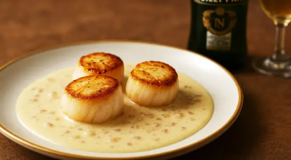 Trois noix de Saint-Jacques poêlées baignant dans une sauce onctueuse à la sauce Noilly Prat.