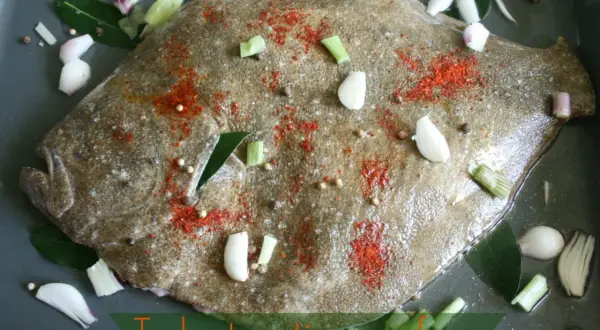 Un turbot entier est préparé pour être rôti au four, assaisonné de paprika, d'ail, d'oignons et de grains de poivre.